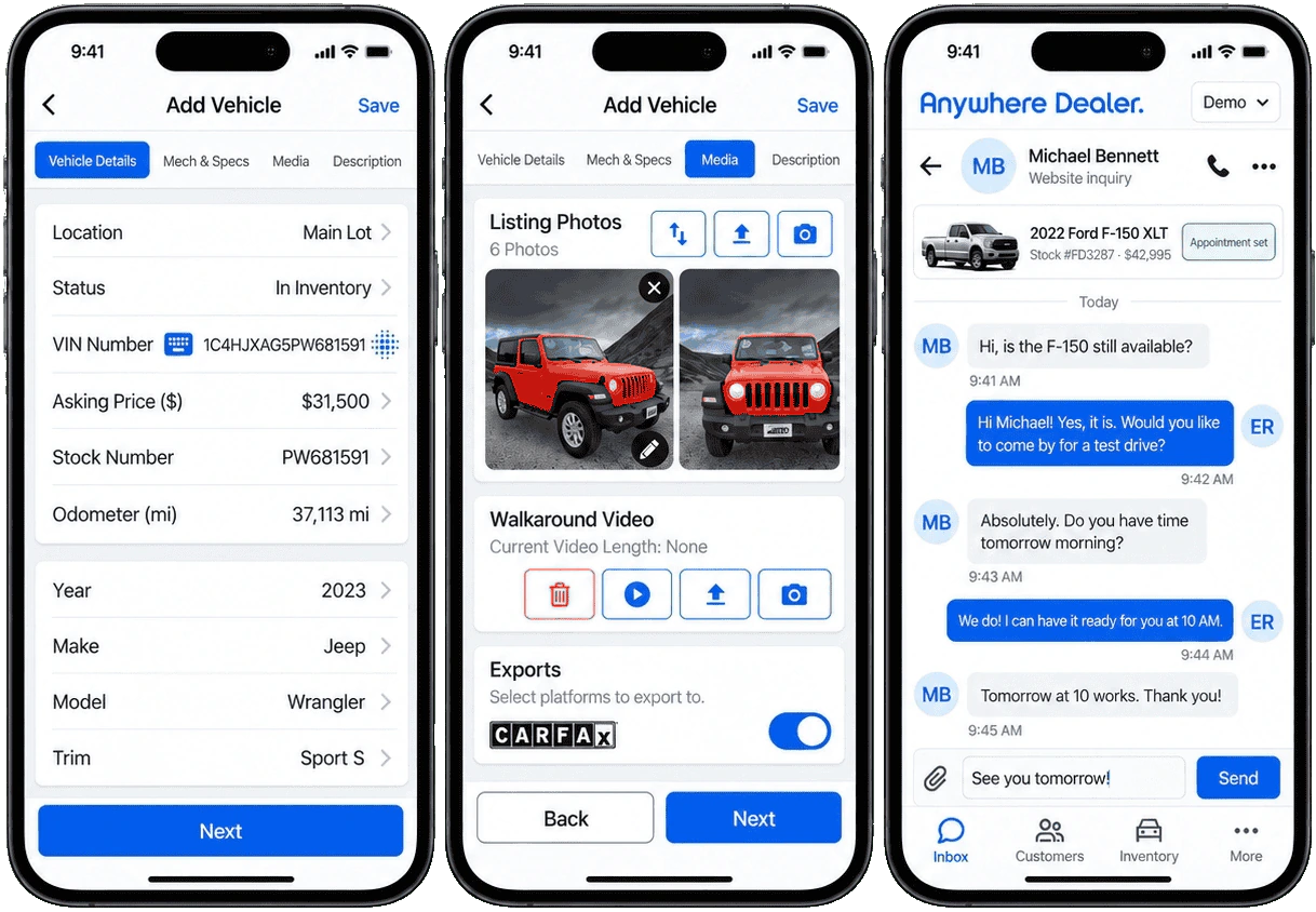 Anywhere Dealer mobile app showing vehicle entry, photo management, and a customer conversation
