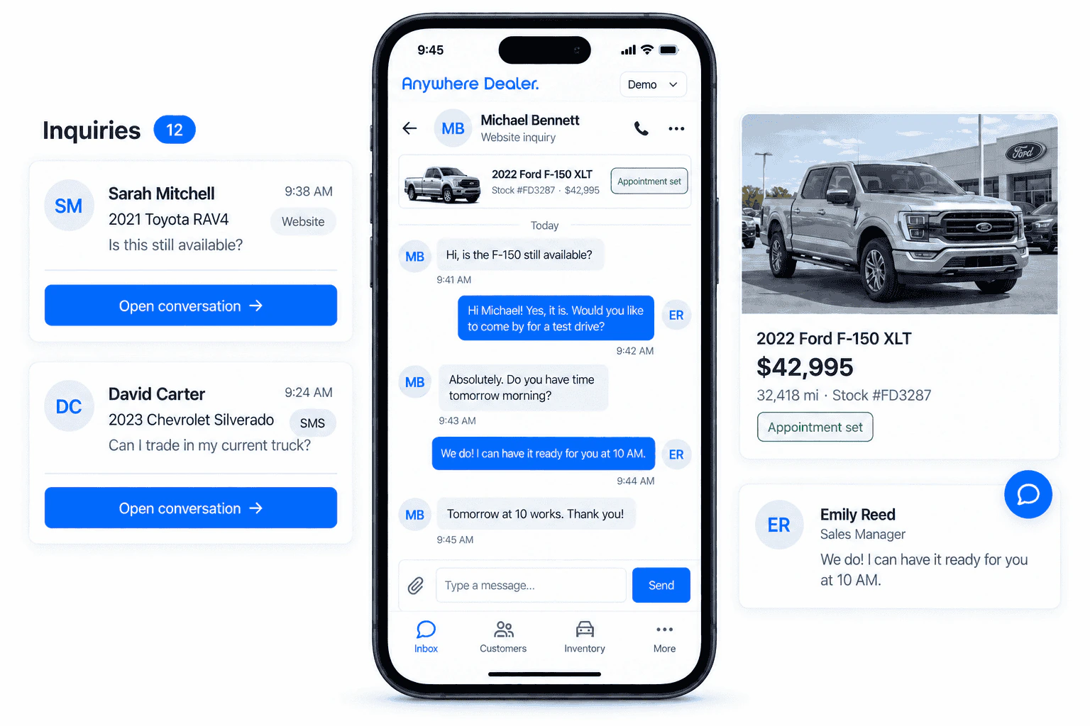 Anywhere Dealer CRM showing customer inquiries, a conversation about a 2022 Ford F-150 XLT, vehicle details, and a confirmed appointment