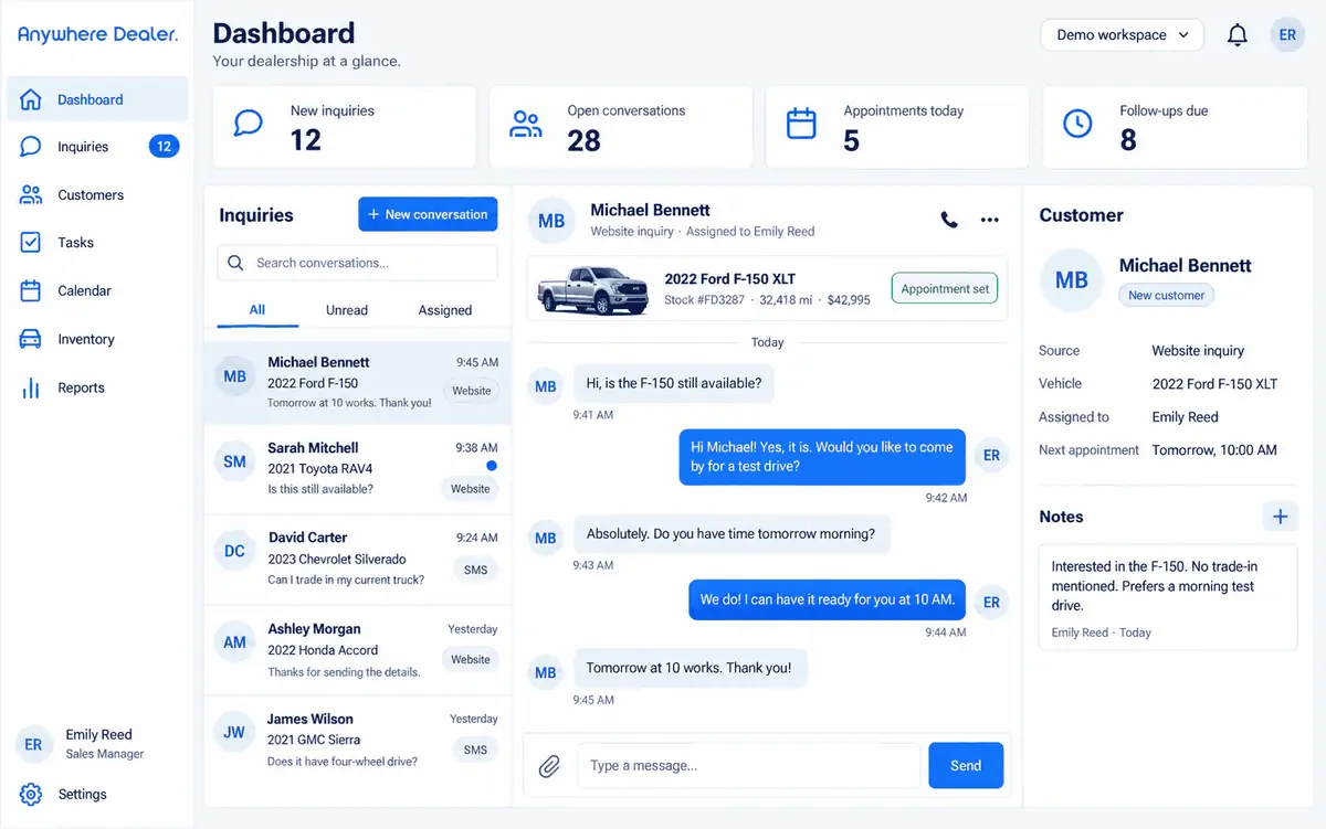 Anywhere Dealer CRM dashboard showing inquiries, conversations, customer details, and follow-up tasks
