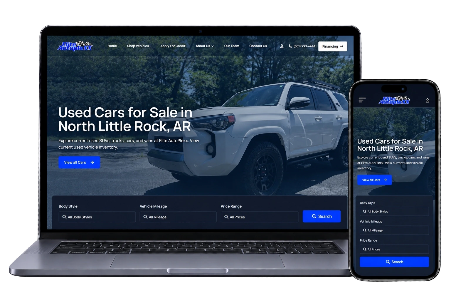 Elite AutoPlexx website shown on a laptop and phone