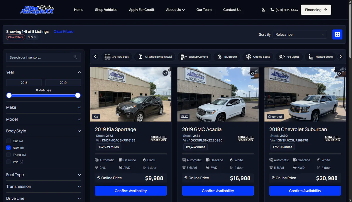 Elite AutoPlexx inventory page website screenshot