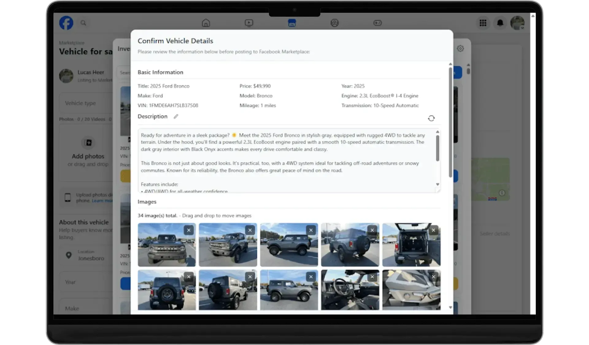 Anywhere Dealer Marketplace Plugin shown alongside a Facebook Marketplace listing workflow