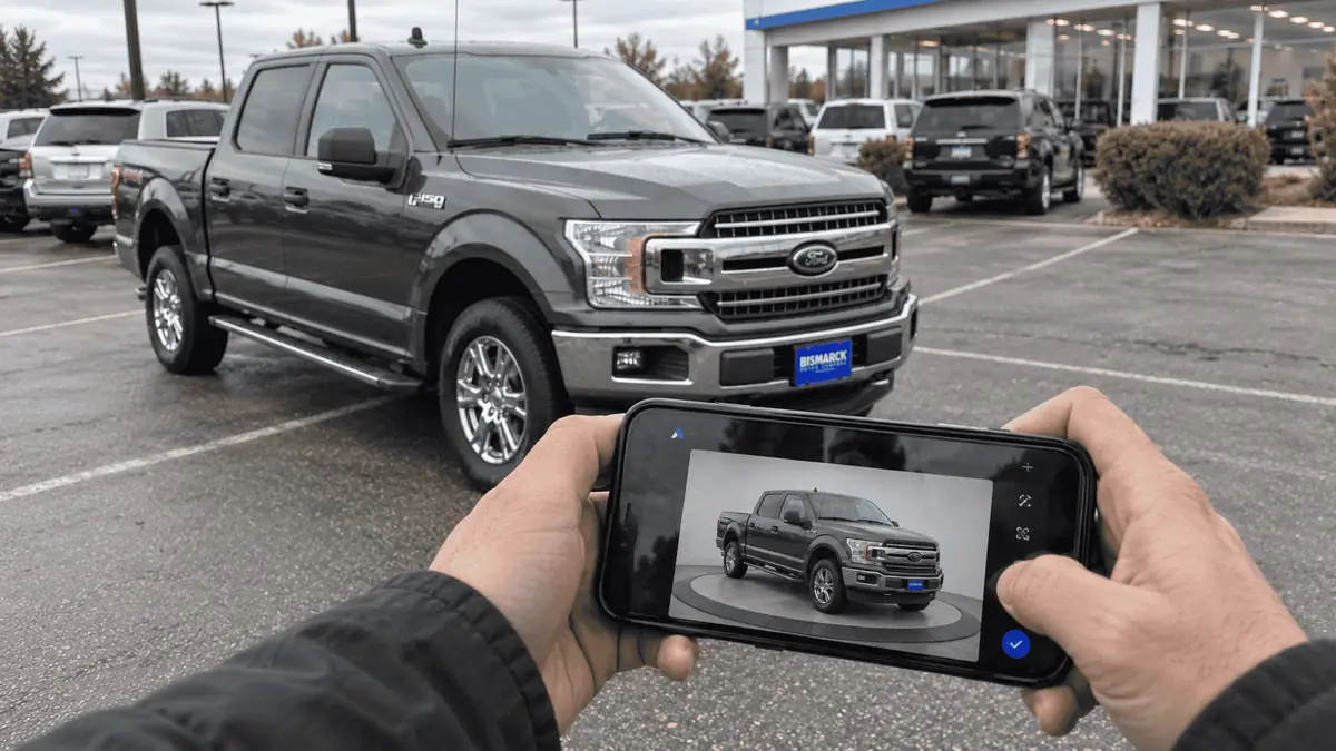 A dealership employee uses the Anywhere Dealer mobile app to replace a truck's outdoor photo background with a studio setting
