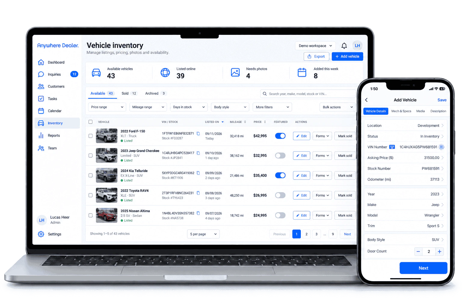 Anywhere Dealer inventory management shown on a laptop and phone