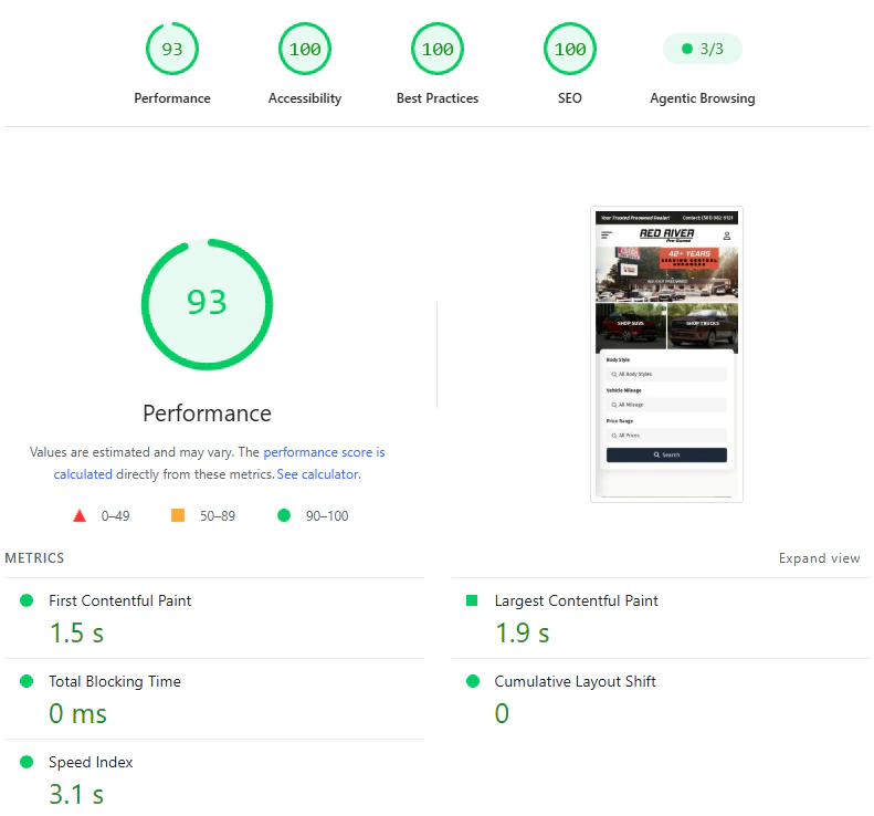 Anywhere Dealer mobile Lighthouse report with scores of 93 for performance and 100 for accessibility, best practices, and SEO