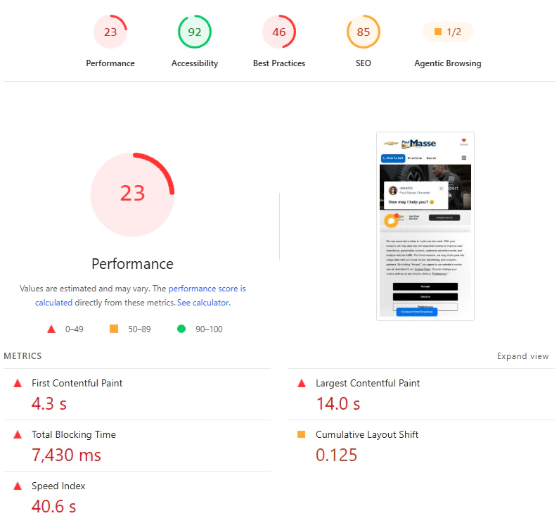 Traditional web agency mobile Lighthouse report with scores of 32 for performance, 86 for accessibility, 46 for best practices, and 85 for SEO