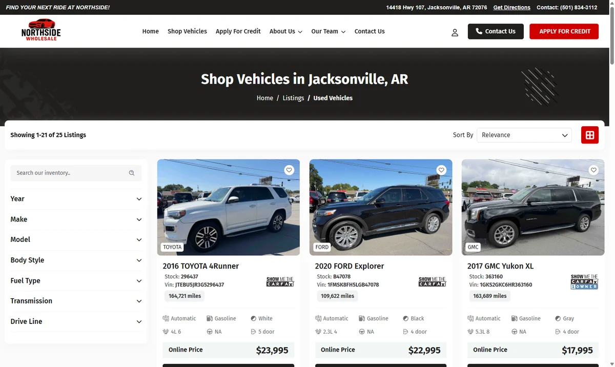 Northside Wholesale inventory page website screenshot